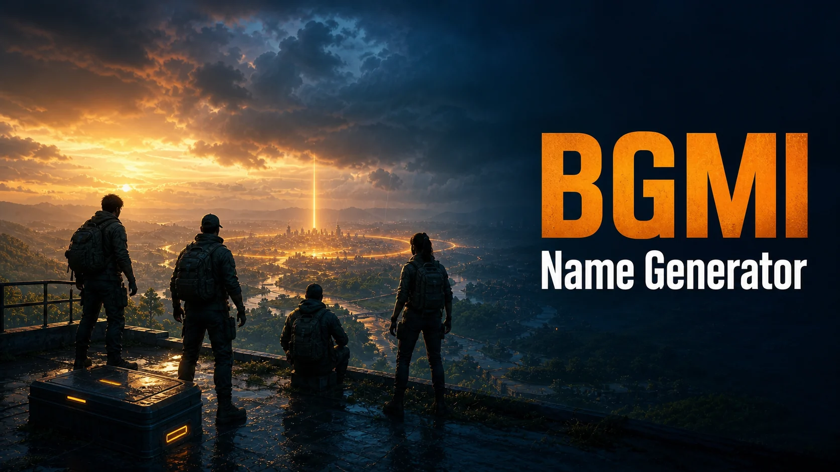 BGMI Name Generator artwork showing a mobile battle royale squad heading toward a safe-zone beacon
