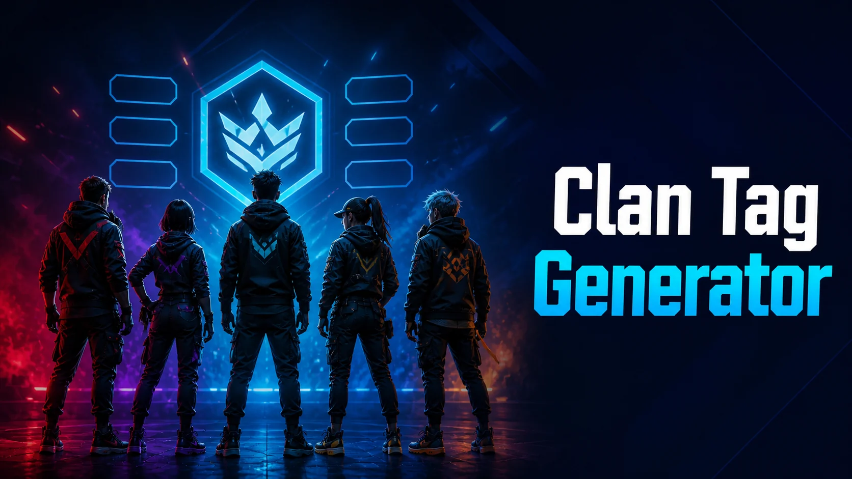 Clan Tag Generator artwork showing a coordinated esports squad crest built around a short team tag