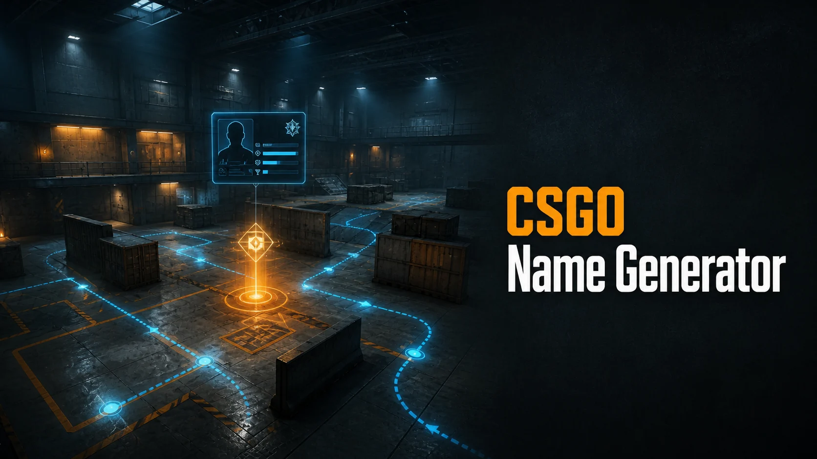 CSGO Name Generator artwork showing a tactical esports player identity over an abstract competitive map