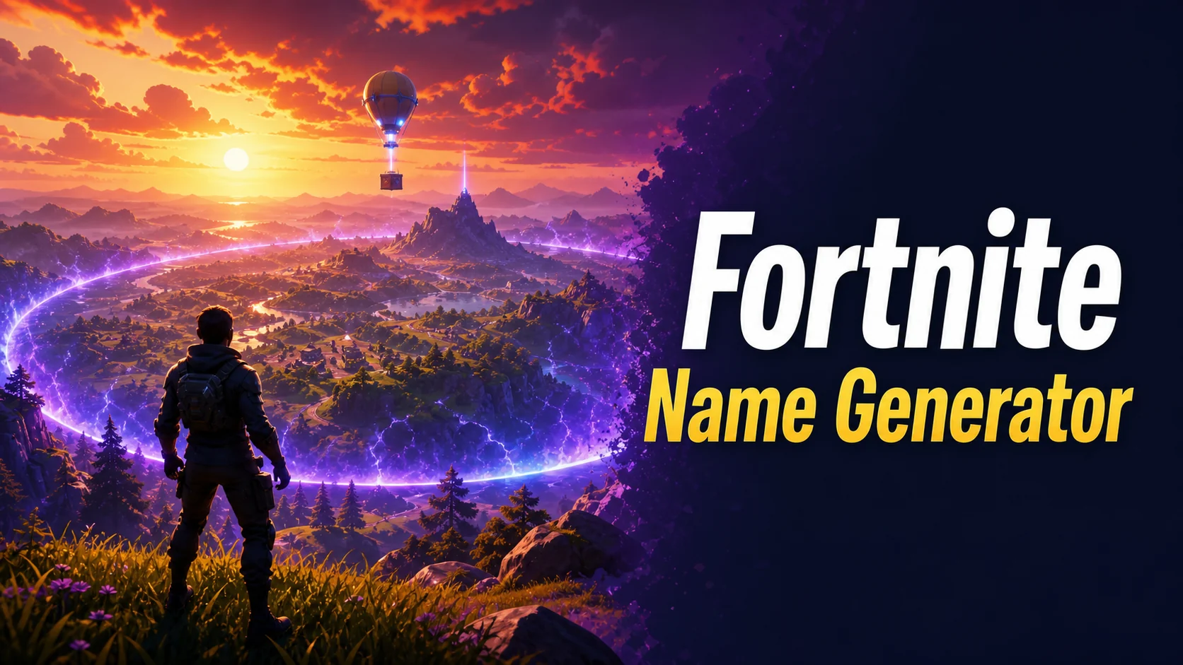 Fortnite Name Generator artwork showing an original colorful battle royale landscape and player name banner