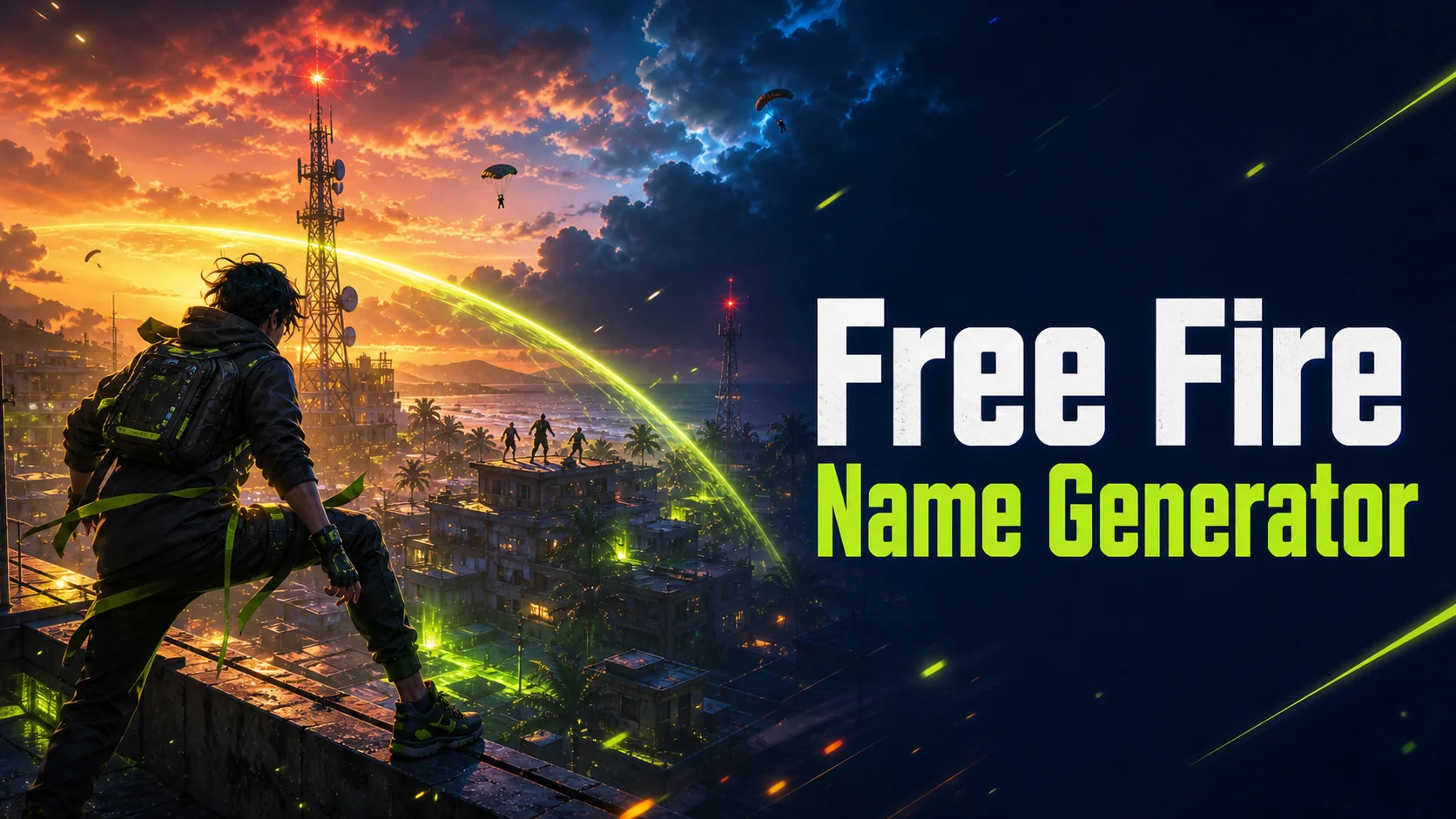 Free Fire Name Generator artwork showing an original neon mobile battle royale guild identity and short name ribbon