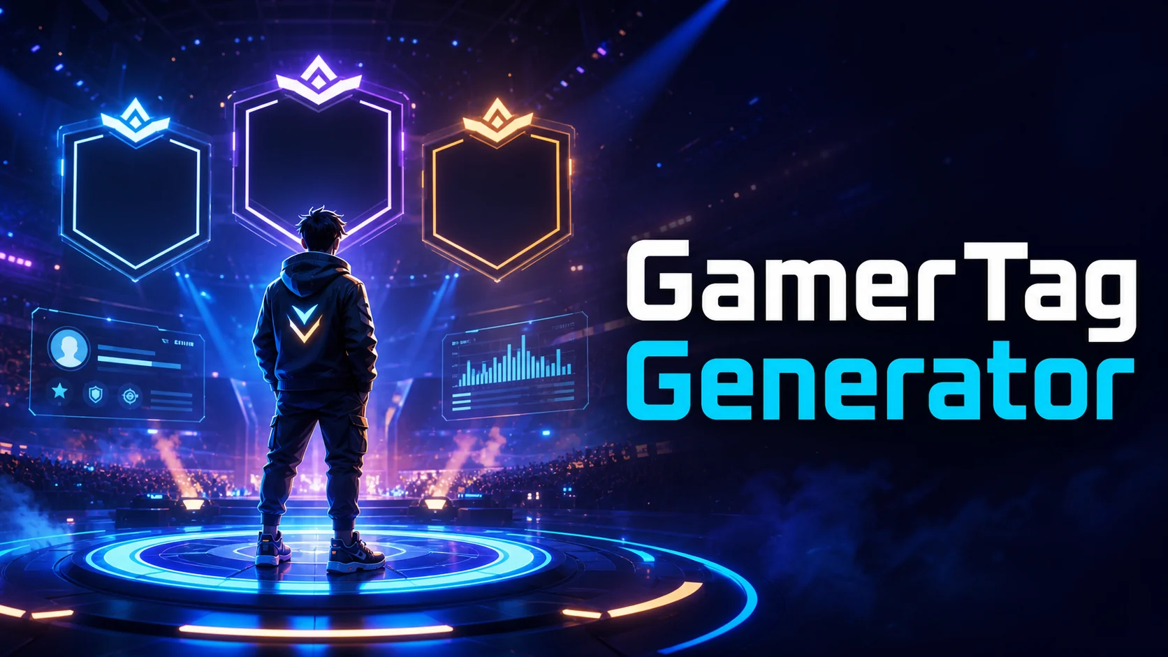 GamerTag Generator artwork featuring a competitive player card and multiplayer identity tag