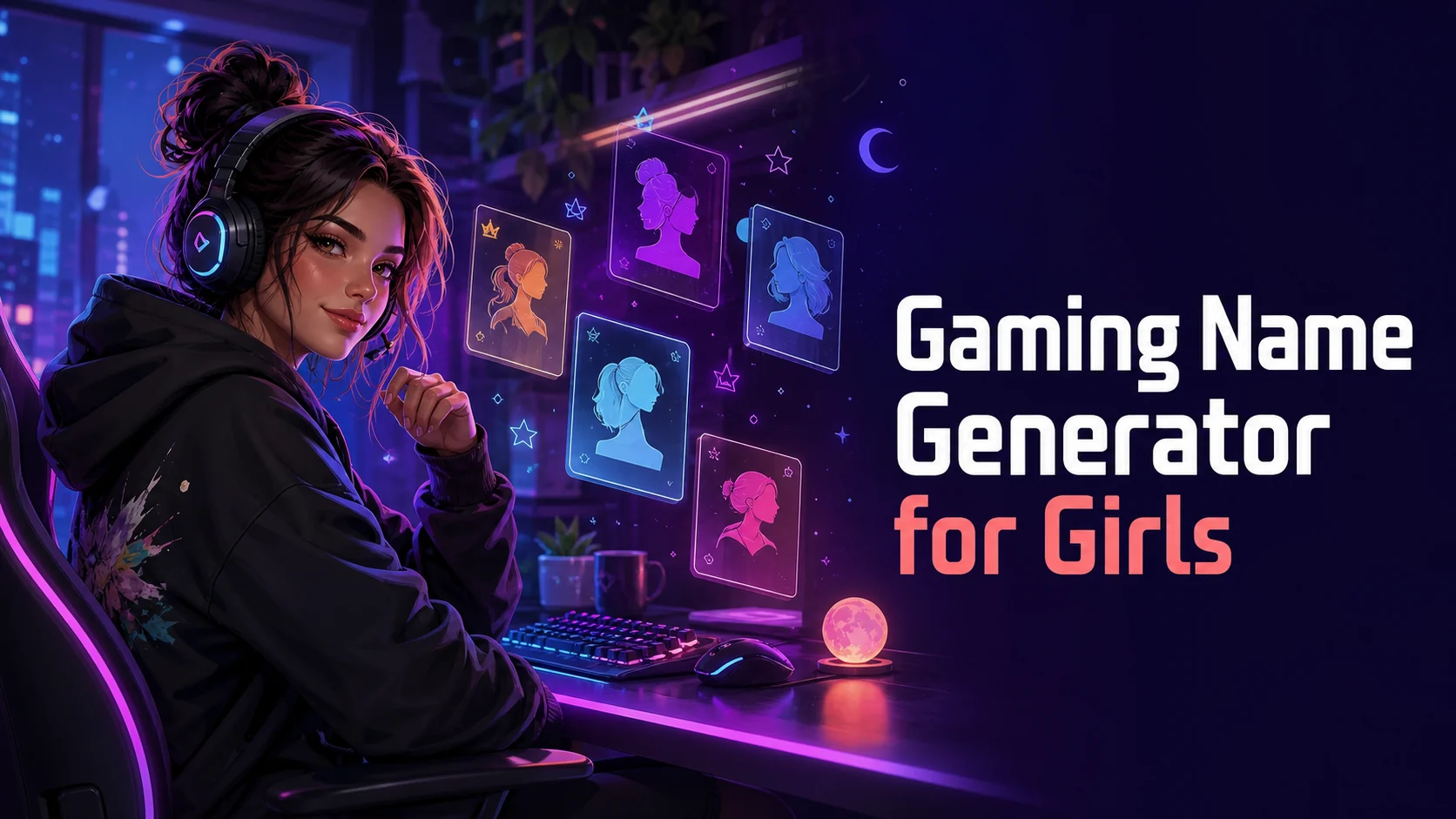 Gaming Name Generator for Girls artwork showing a polished feminine gaming identity card with celestial accents