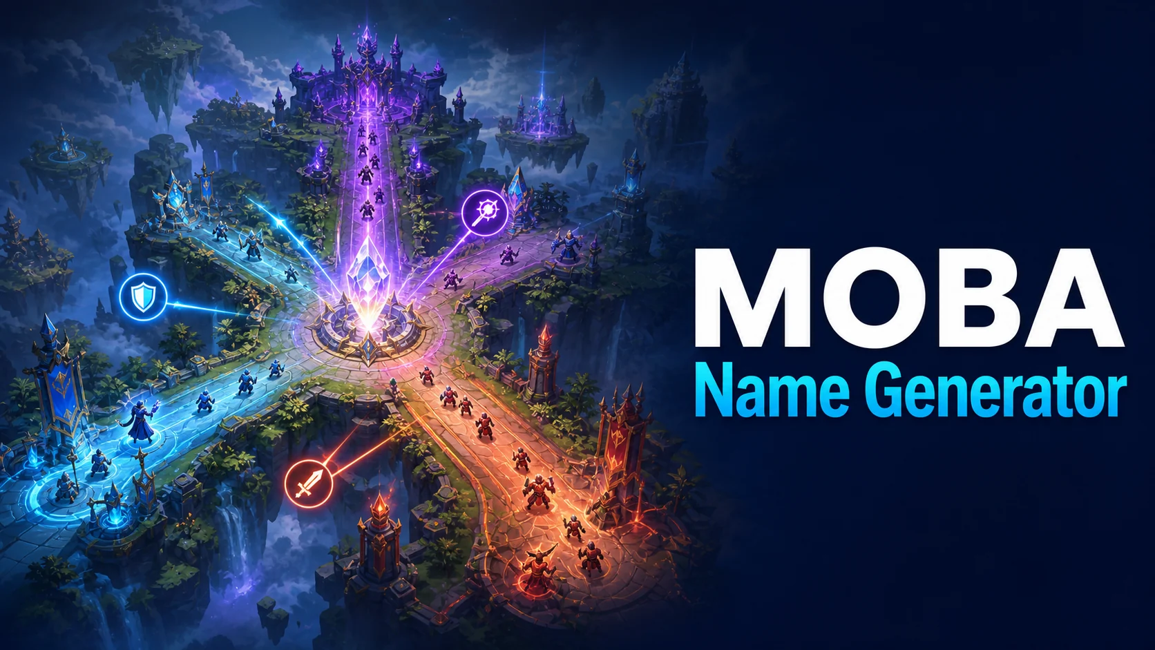 MOBA Name Generator artwork showing three arena lanes, role markers, and a fantasy player name banner