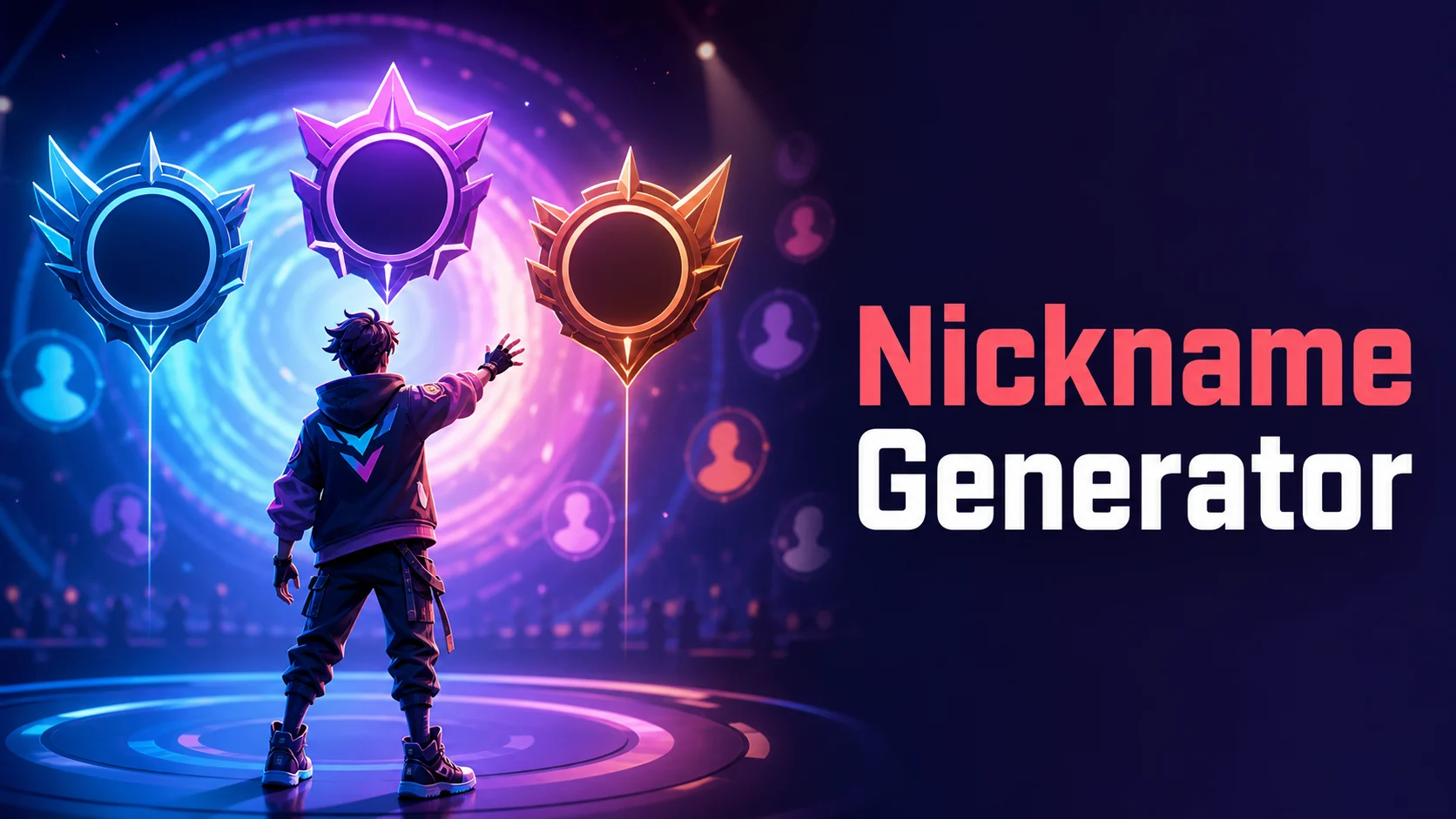 Nickname Generator artwork showing a personalized online identity with multiple nickname choices