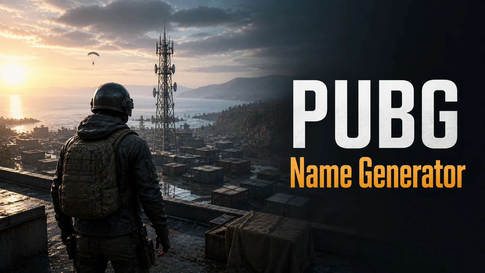 PUBG Name Generator artwork showing a realistic survival landscape with a competitive player nameplate