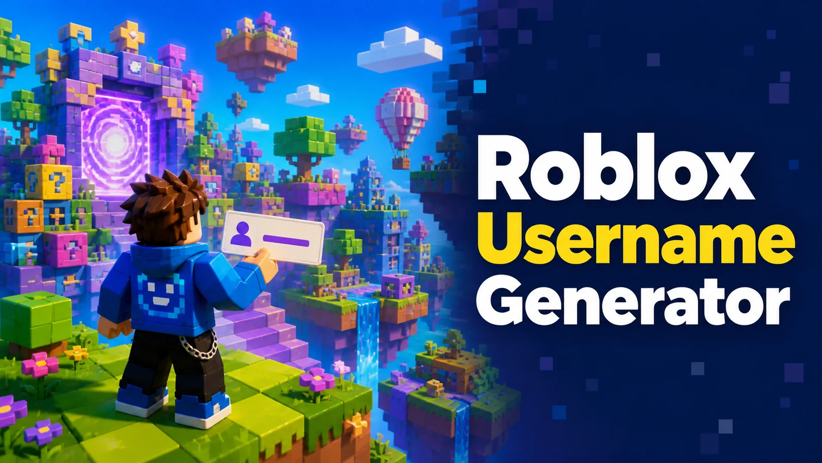 Roblox Username Generator artwork showing an original block-style avatar with a colorful username nameplate