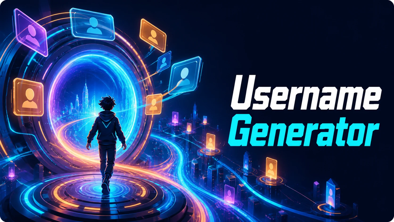 Username Generator artwork showing a clean social handle assembled across profile cards